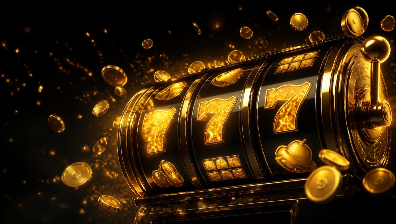 Golden promotional artwork with falling coins on a dark background